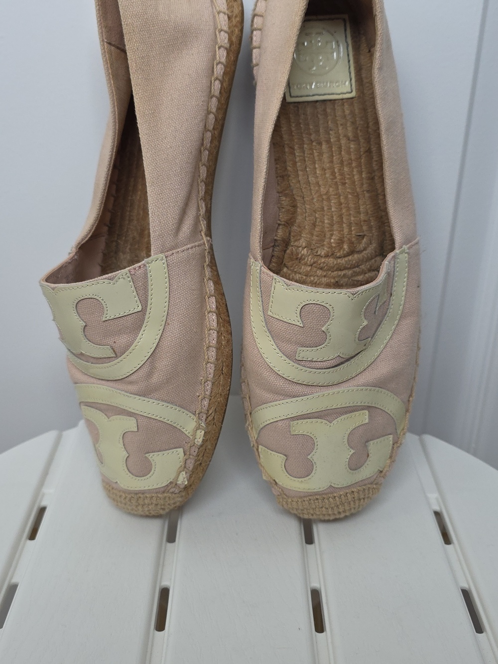 Tory Burch Pink-Beige Canvas Logo Espadrille Slip-Ons